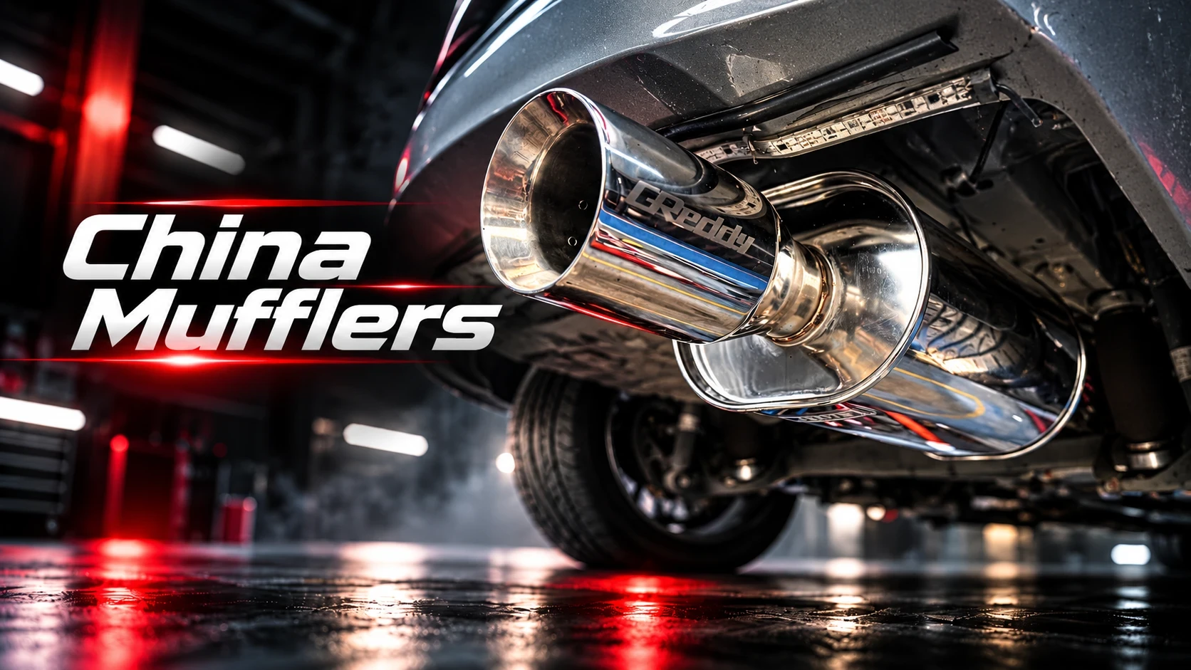 China Mufflers: a polished stainless muffler with a large round tip under a car in a dark workshop