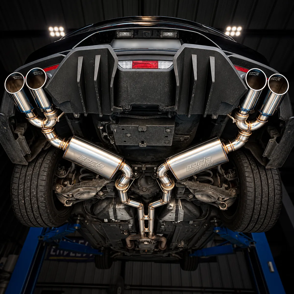 Dual catback with two separate midpipes under a performance car