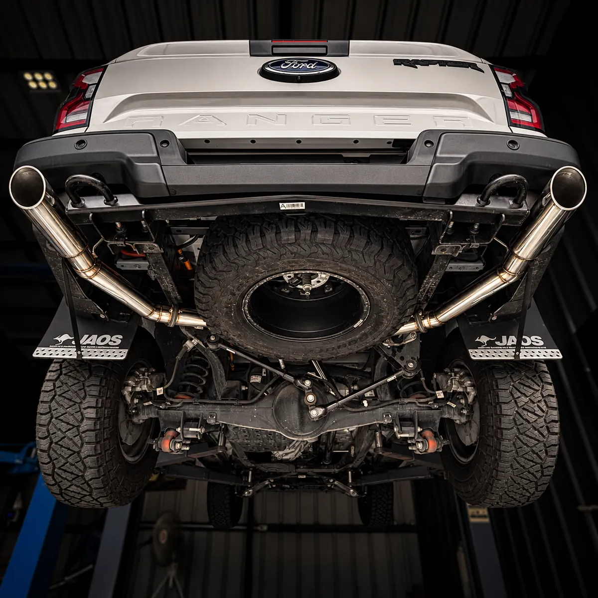Dual diesel full exhaust on a Ford Ranger seen from underneath