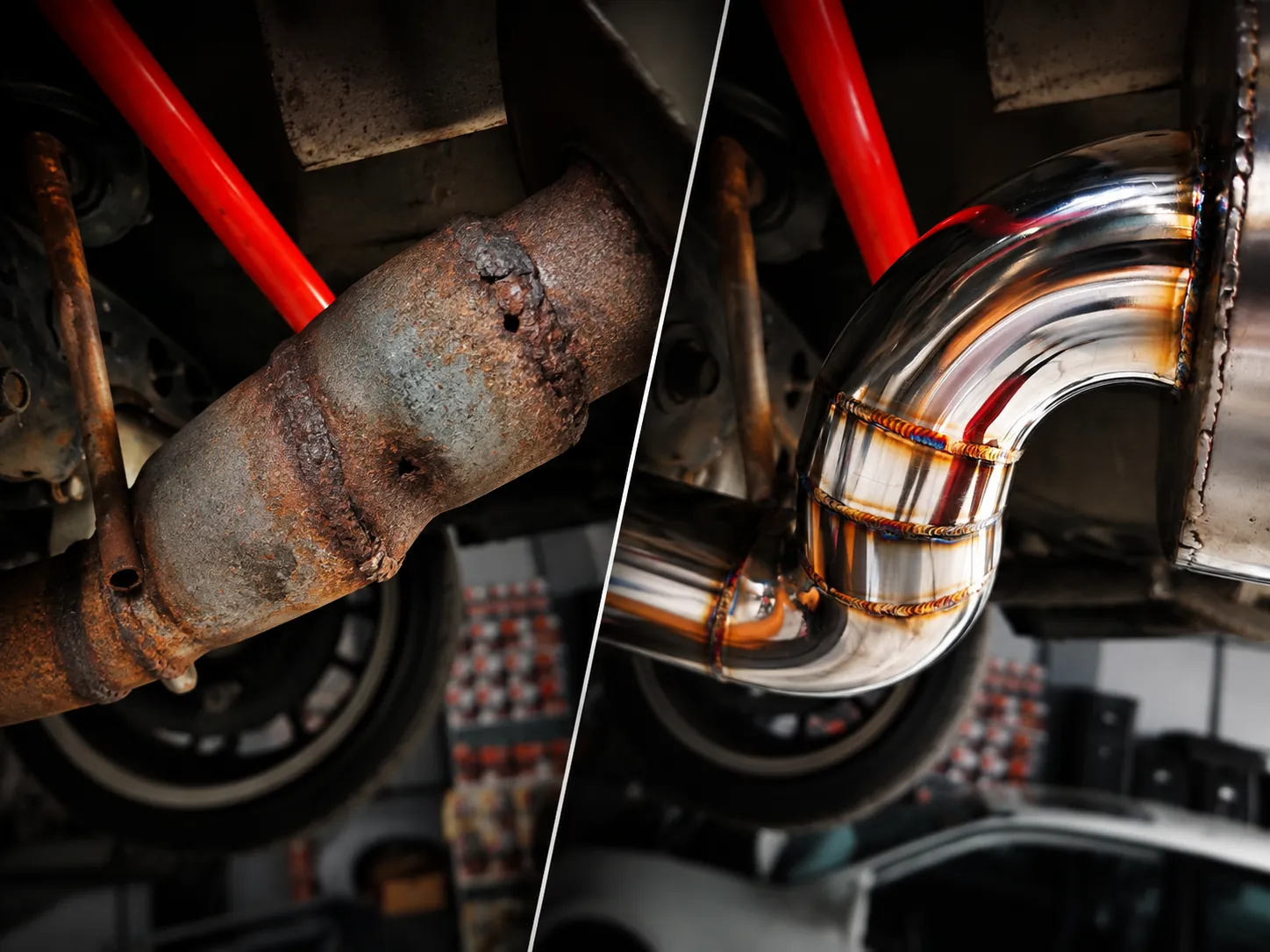 Before and after of a rusted exhaust replaced with clean stainless piping