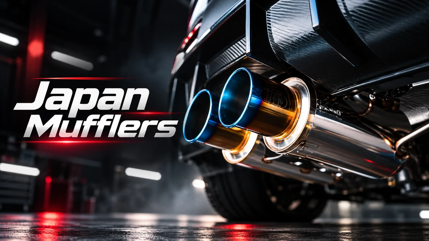 Japan Mufflers: a Japanese dual-tip titanium muffler on a car in a dark workshop