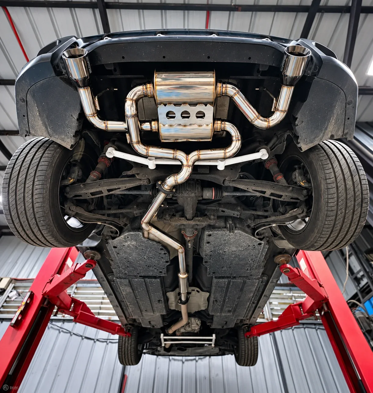 Underside of a Subaru XV on the lift showing the stainless dual catback exhaust