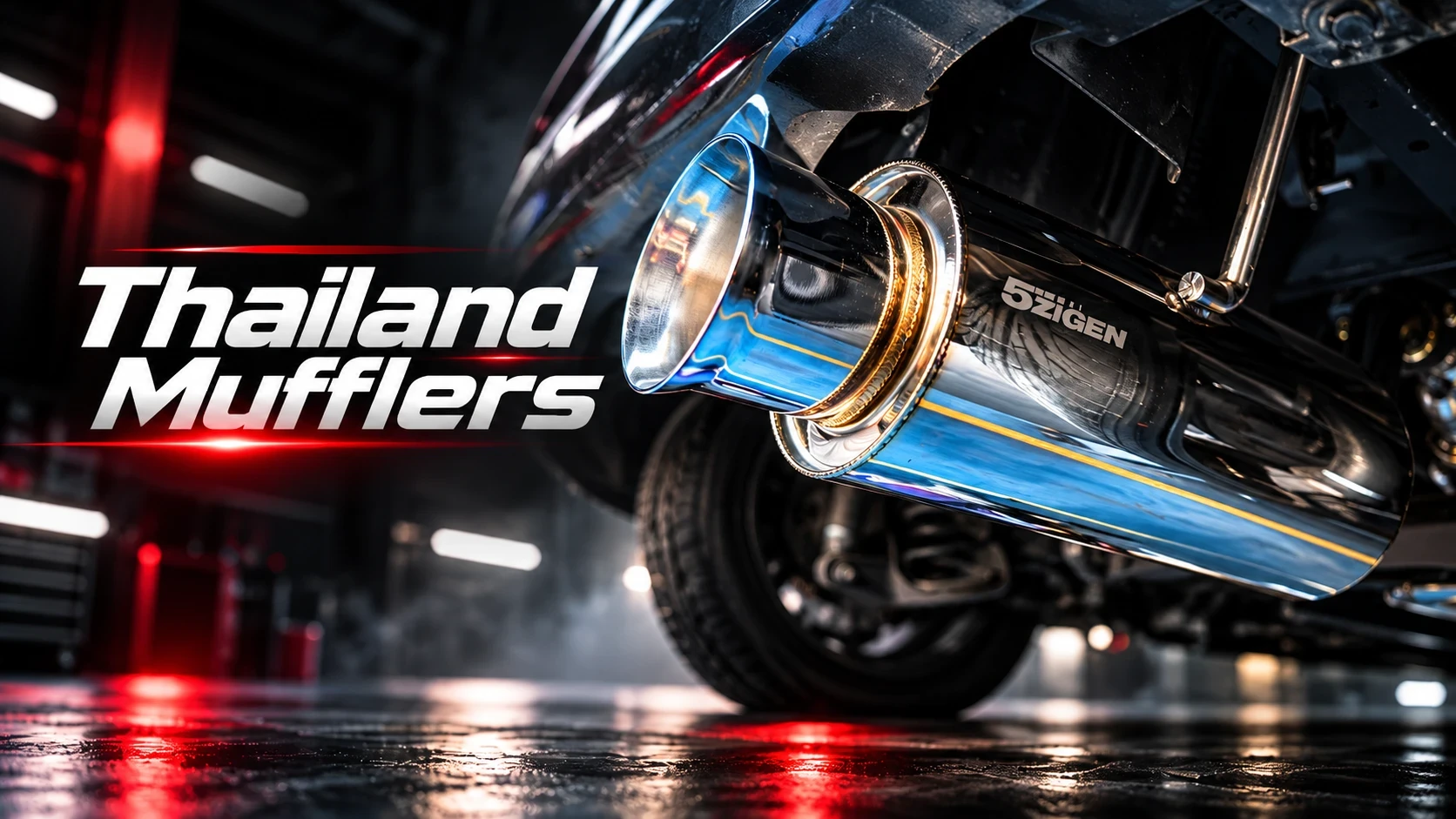 Thailand Mufflers: a polished 5zigen muffler with a burnt-gold weld ring under a car in a dark workshop