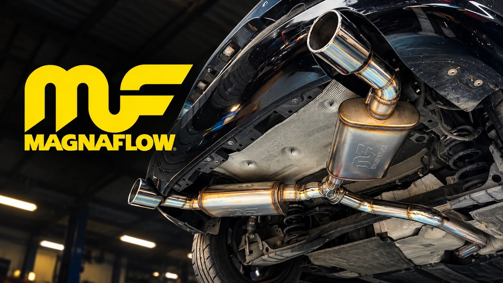 Magnaflow logo beside a Magnaflow oval muffler and resonator on a dual exhaust under a car