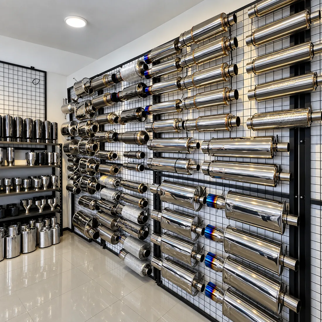 A wall of stainless mufflers on display in the Nitrofuze showroom